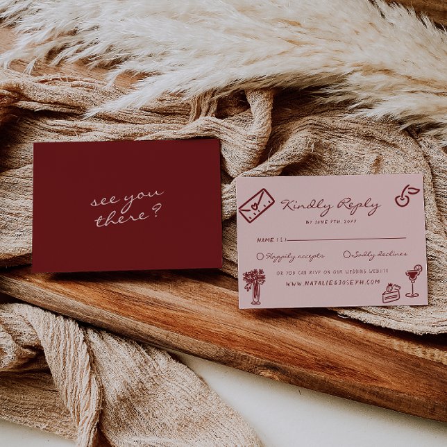 Hand Drawn Pink Burgundy Romantic Wedding RSVP Card (Creator Uploaded)