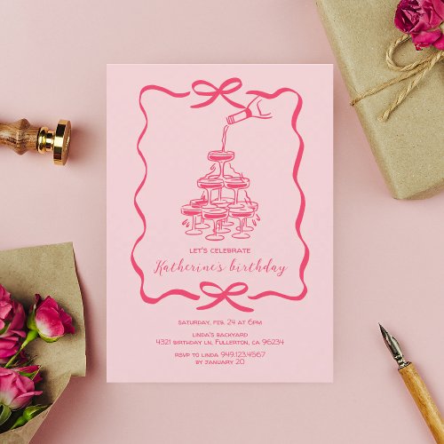 Hand Drawn Pink Champagne Tower Birthday Party