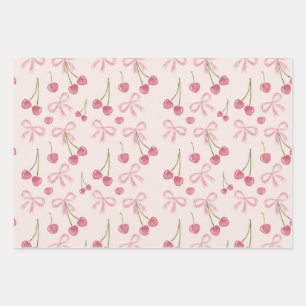  Hand-drawn Pink Cherry Coquette Seamless Pattern Wrapping Paper Sheets