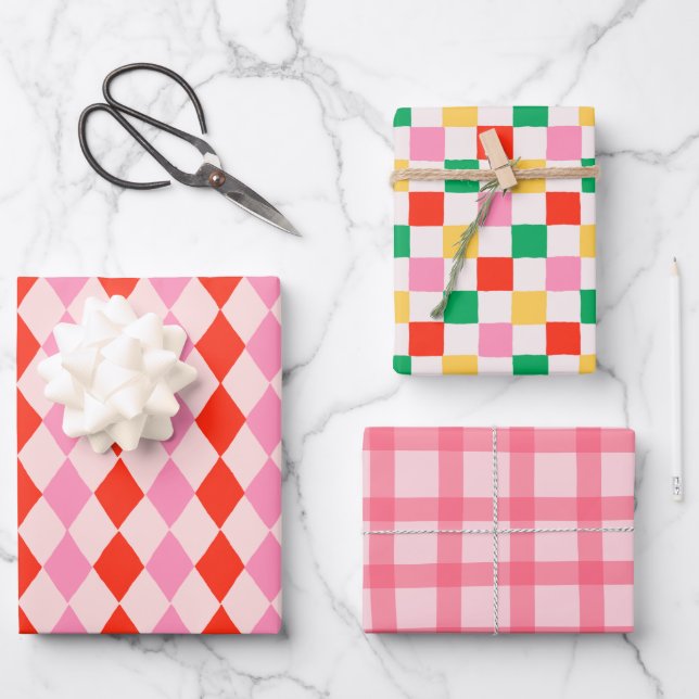 Hand Drawn Pink Christmas Geometric Wrapping Paper Sheets (Front)