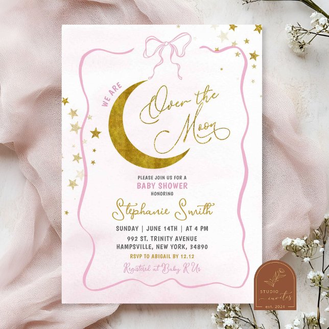 Hand Drawn Pink Coquette Over The Moon Baby Shower Invitation (Creator Uploaded)