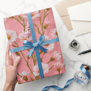 Hand Drawn Pink Daisy White Floral Pattern Wrapping Paper