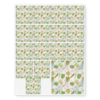Hand drawn pink flamingo and monstera leaves temporary tattoos