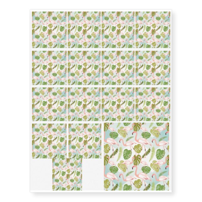 Hand drawn pink flamingo and monstera leaves temporary tattoos (Front)