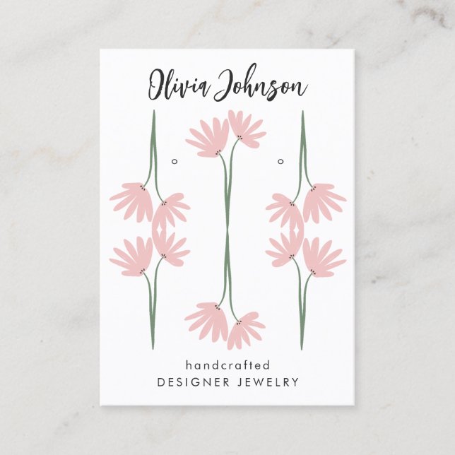 Hand Drawn Pink Floral Jewelry Earring Display Business Card (Front)