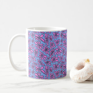 Hand -drawn pink floral on cornflower blue coffee mug