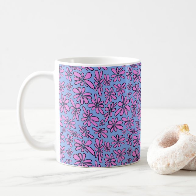 Hand -drawn pink floral on cornflower blue coffee mug (With Donut)