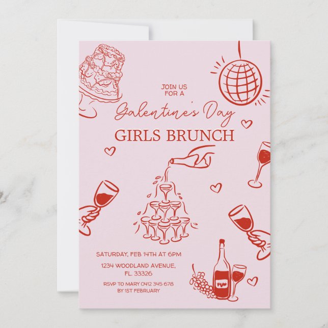 Hand-Drawn Pink Galentine's Girls Night Party  Invitation (Front)