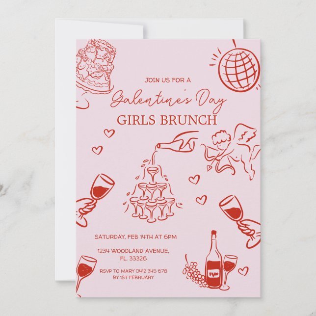 Hand-Drawn Pink Galentine's Girls Night Valentines Invitation (Front)