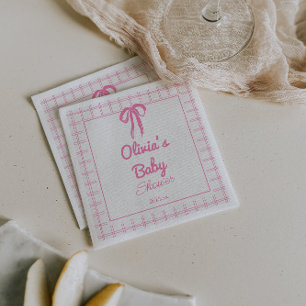 Hand Drawn Pink Gingham Bow Baby Girl Shower Napkins