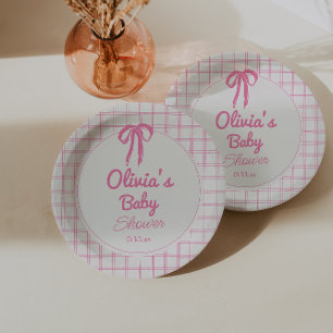 Hand Drawn Pink Gingham Bow Baby Girl Shower Paper Plates