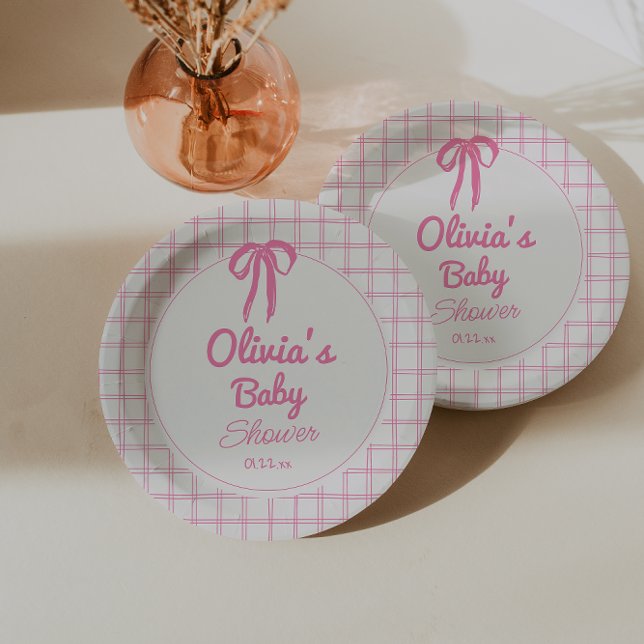 Hand Drawn Pink Gingham Bow Baby Girl Shower Paper Plates (Creator Uploaded)