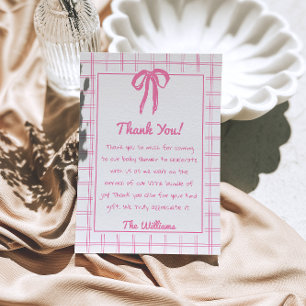 Hand Drawn Pink Gingham Bow Girl Baby Shower Thank You Card