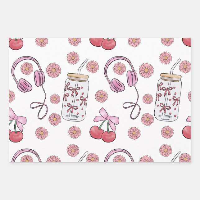 Hand-drawn Pink Girly Elements Seamless Pattern Wrapping Paper Sheets (Front)