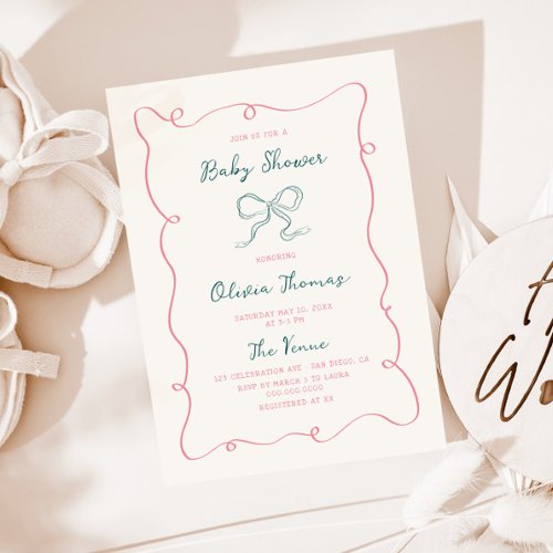 Hand Drawn Pink Green Bow Baby Shower Invitation