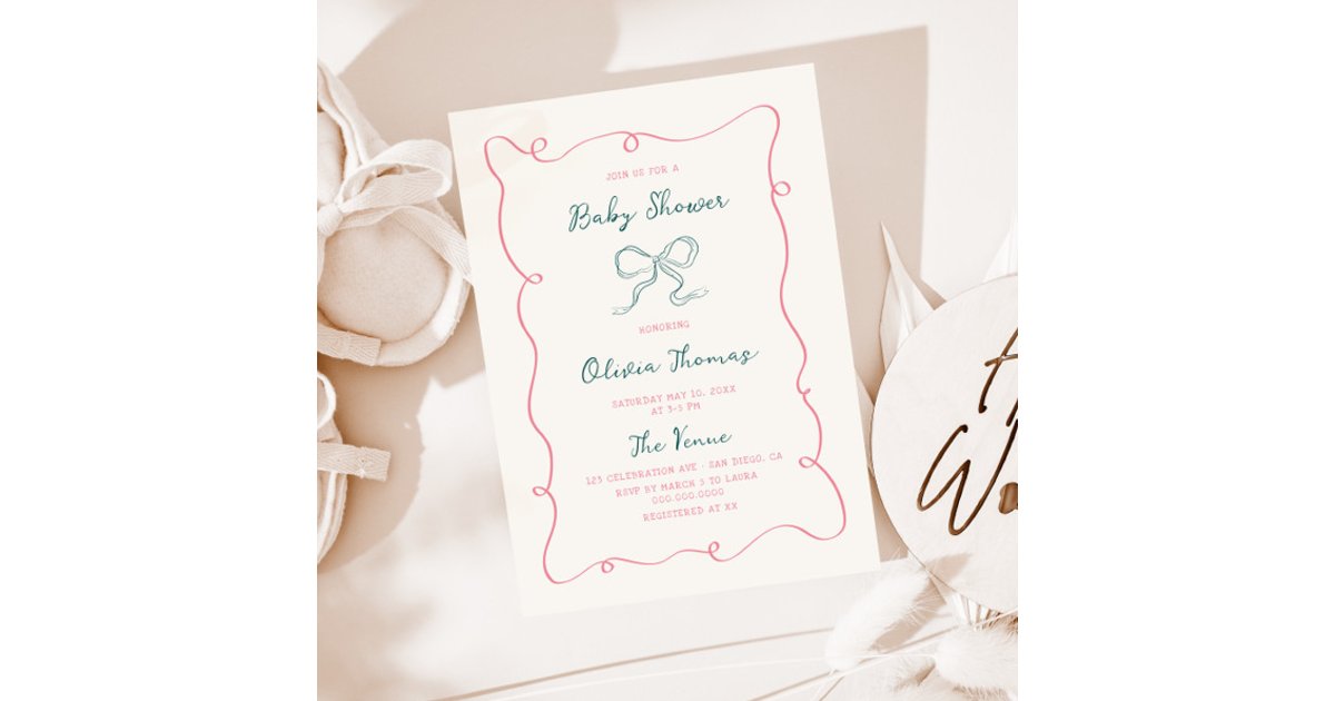 Hand Drawn Pink Green Bow Baby Shower Invitation | Zazzle