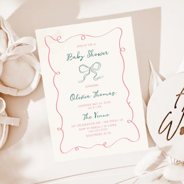 Hand Drawn Pink Green Bow Baby Shower Invitation | Zazzle