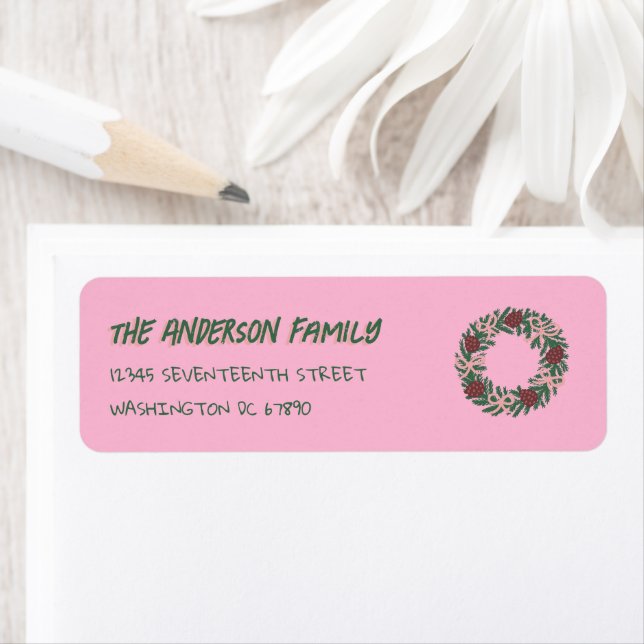 Hand Drawn Pink Green Christmas Bows Wreath Label (Insitu)