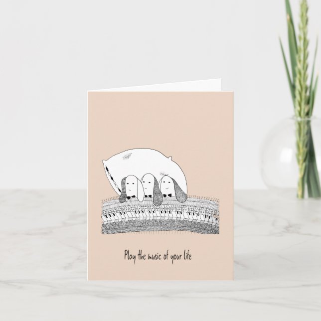 Hand Drawn Pink Greeting Card Rabbits Play Piano (Front)