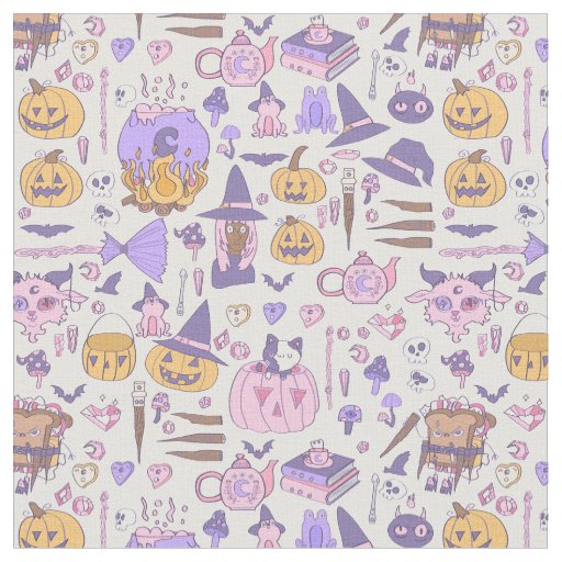 hand drawn pink halloween african witch cauldron  fabric