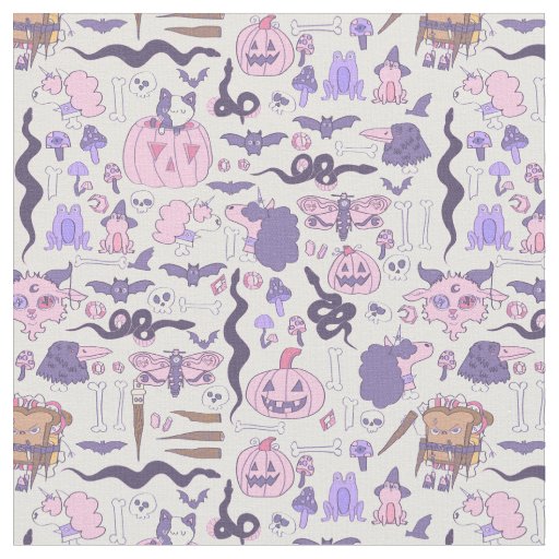 hand drawn pink halloween unicorn zombie bones fabric