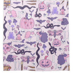 hand drawn pink halloween unicorn zombie bones shower curtain