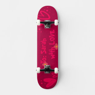 Hand-Drawn Pink Hearts & Floral Romantic Skateboard
