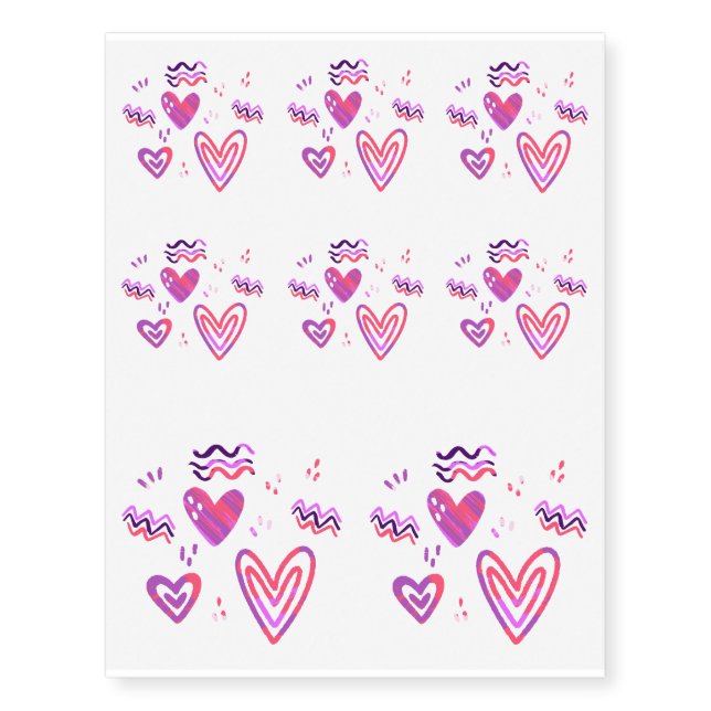Hand Drawn Pink Hearts Valentine Pattern Temporary Tattoos (Front)