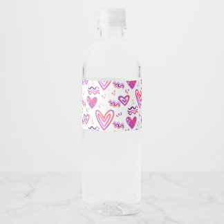 Hand Drawn Pink Hearts Valentine Pattern Water Bottle Label