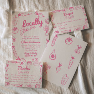 Hand Drawn Pink Locally Grown Girl Baby Shower Invitation