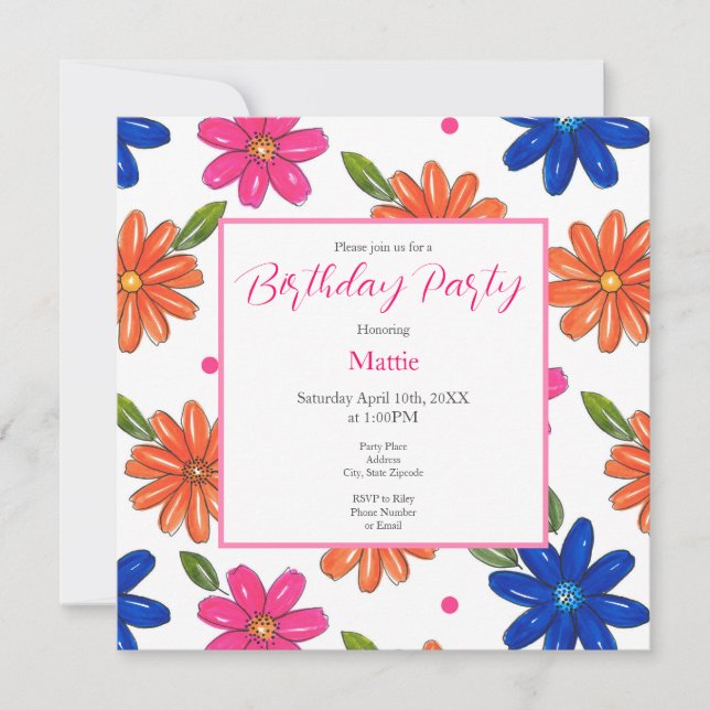 Hand Drawn Pink, Orange, Blue Flowers Invitation (Front)