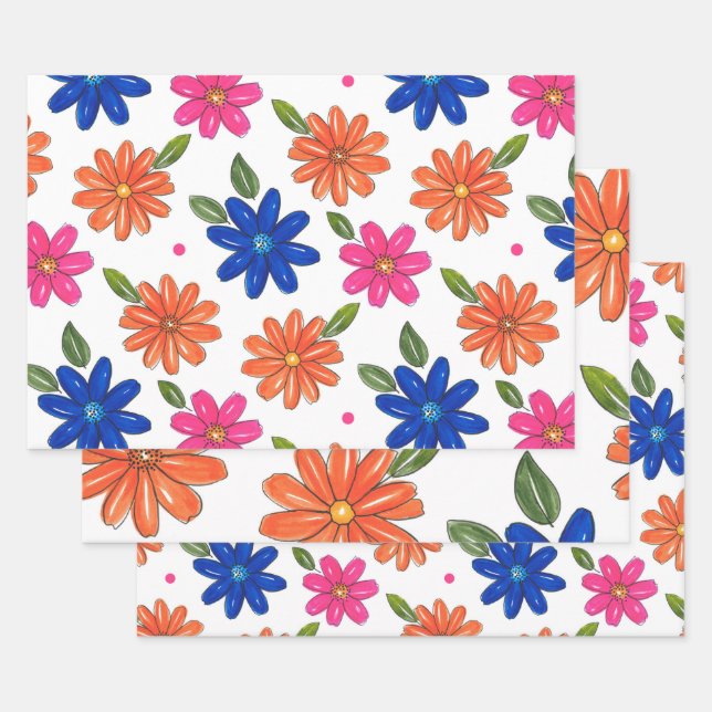 Hand Drawn Pink, Orange, Blue Flowers Wrapping Paper Sheets (Set)