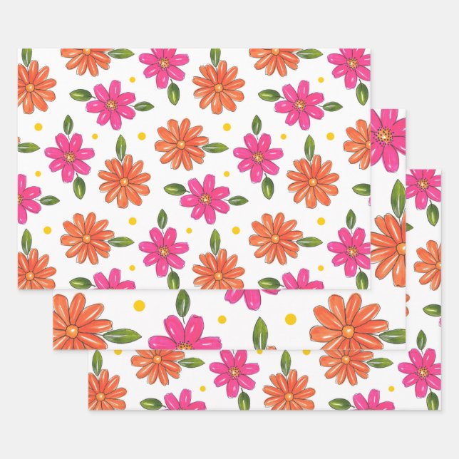 Hand Drawn Pink, Orange Flowers Wrapping Paper Sheets (Set)