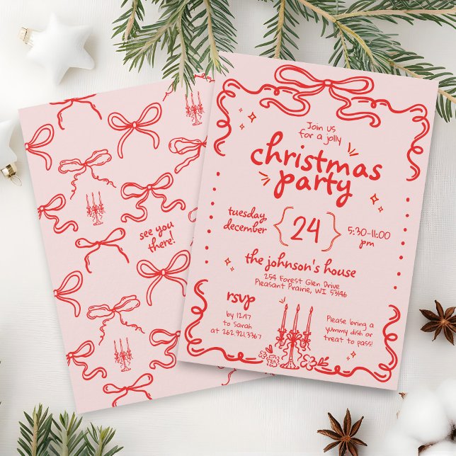 Hand Drawn Pink & Red Bow Modern Christmas Party Invitation (Fun unique retro red pink hand drawn scribbles coquette bow quirky funky Christmas Party invitation)