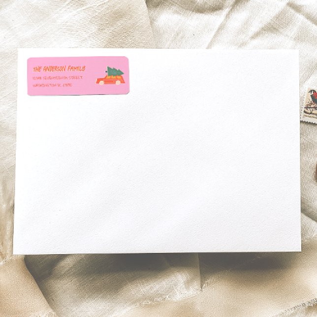 Hand Drawn Pink Red Car Christmas Doddle Address  Label (Creator Uploaded)