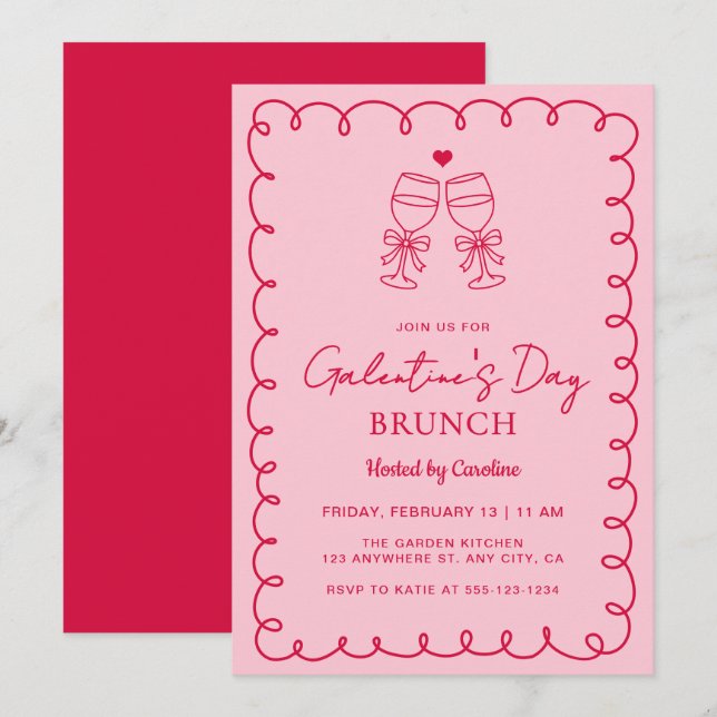 Hand Drawn Pink Red Galentine's Day Brunch Invitation (Front/Back)