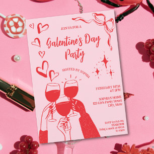 Hand Drawn Pink Red Galentine's Day Cocktail Party Invitation