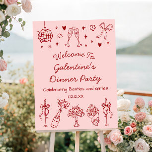 Hand Drawn Pink Red Galentines Party Welcome Sign