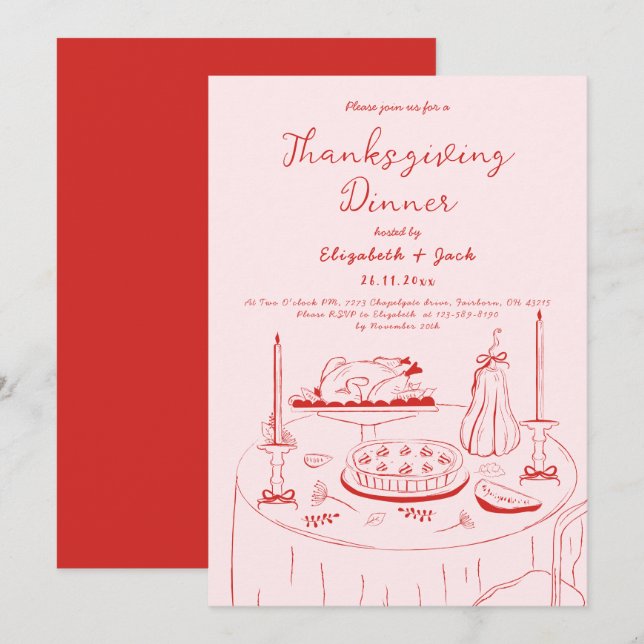 Hand Drawn Pink & Red Handwriting Thanksgiving  Invitation (Front/Back)