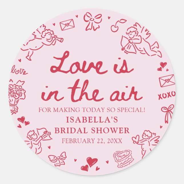 Hand Drawn Pink Red Hearts Valentine Bridal Shower Classic Round Sticker (Front)