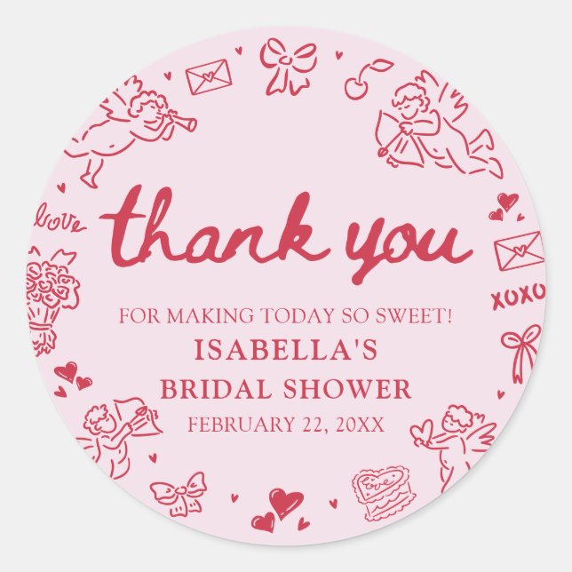 Hand Drawn Pink Red Hearts Valentine Bridal Shower Classic Round Sticker (Front)