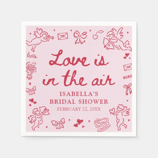 Hand Drawn Pink Red Hearts Valentine Bridal Shower Napkins (Front)