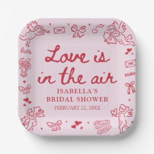 Hand Drawn Pink Red Hearts Valentine Bridal Shower Paper Plates