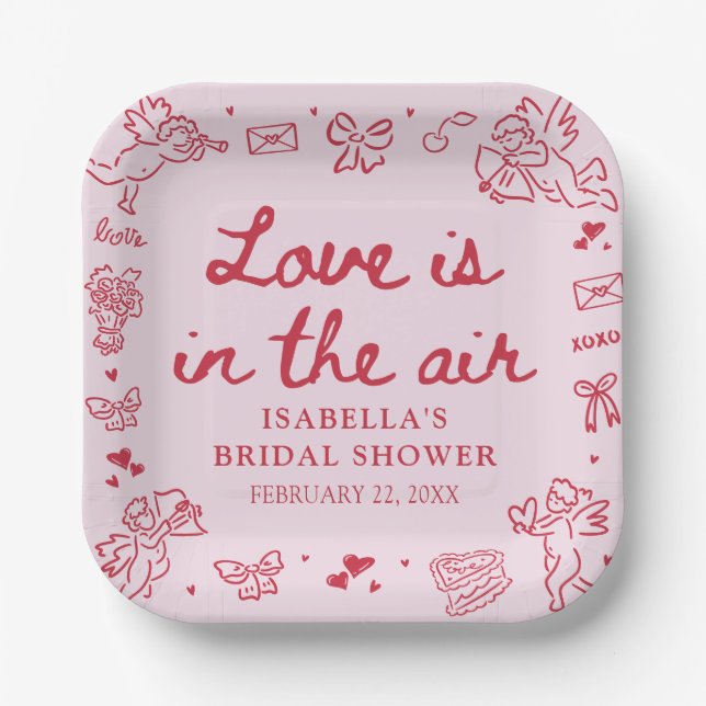 Hand Drawn Pink Red Hearts Valentine Bridal Shower Paper Plates (Front)