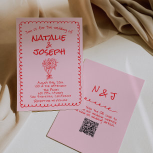 Hand Drawn Pink Red Retro QR Code Wedding Invitation