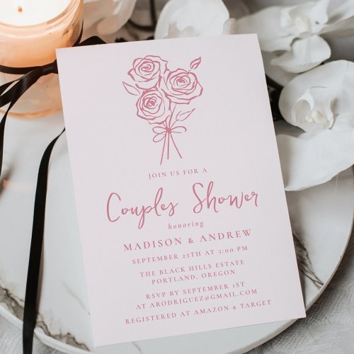 Hand_Drawn Pink Rose Bouquet Couples Bridal Shower Invitation
