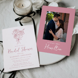 Hand-Drawn Pink Rose Bouquet Photo Bridal Shower Invitation
