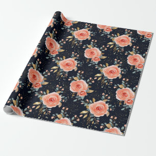 Hand Drawn Pink Rose, Navy & Gold Elegant Floral Wrapping Paper