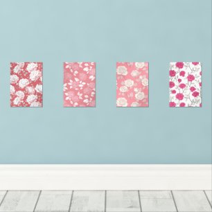 Hand Drawn Pink Rose White Floral Pattern Wall Art Sets