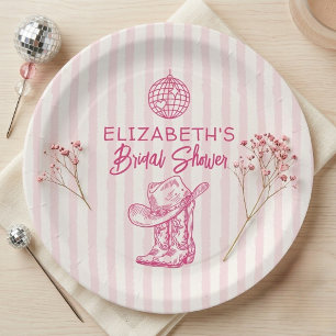 Hand Drawn Pink Stripes Western Cowgirl Disco Ball Paper Plates